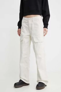 Spodnie damskie - Vans spodnie bawełniane kolor beżowy szerokie high waist - grafika 1