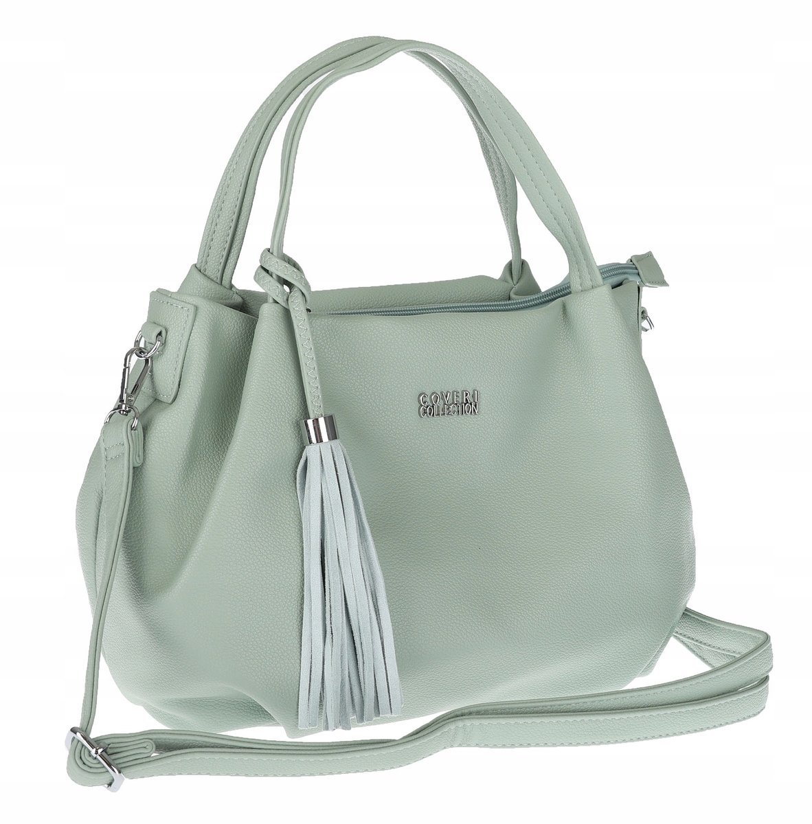 Torebka damska z eko skóry shopper z frędzlami pasek CC50964 Zielona