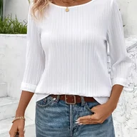 Koszule damskie - TEMU Bluzka Damska z Białym Okrągłym Dekoltem i Krótkim Rękawem - Jednokolorowa, Casualowa Bluzka na Wiosnę/, Uniwersalna do Biura i Codziennego - miniaturka - grafika 1