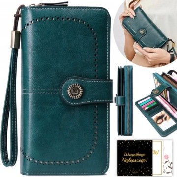 Portfel Damski Skórzany Zielony Skóra Rfid Duży Zatrzask Zamek Pasek Zestaw