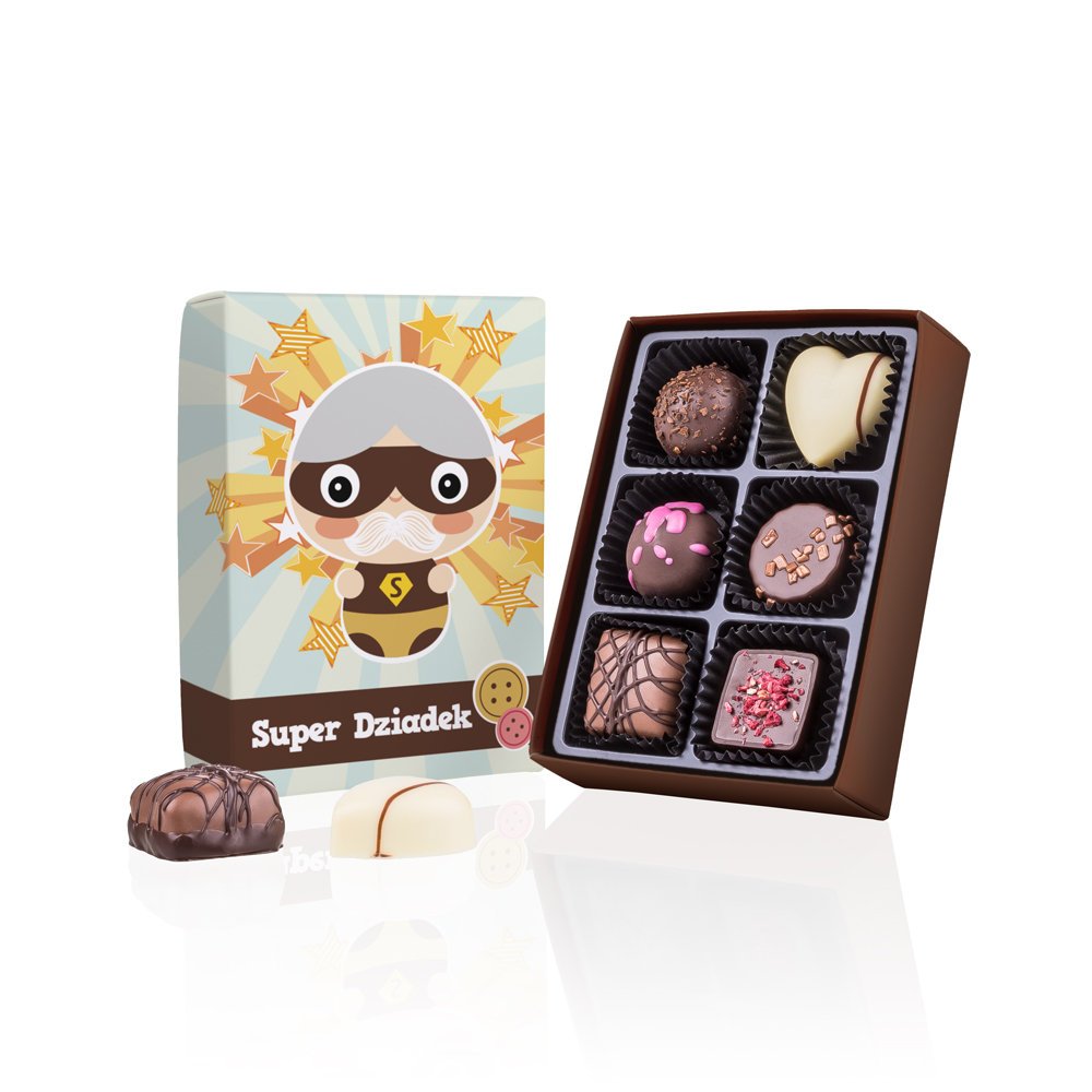 Pralinki Super Dziadek z belgijskiej czekolady 6 szt. w ozdobnym pudełeczku z radosnym motywem dla super dziadka podarunek prezent na Dzień Dziadka