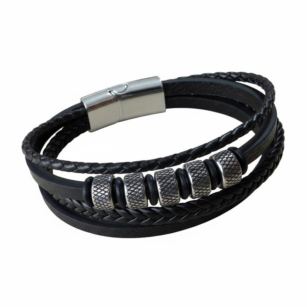 Męska bransoletka skórzana czarna retro srebro stal nierdzewna 21 cm