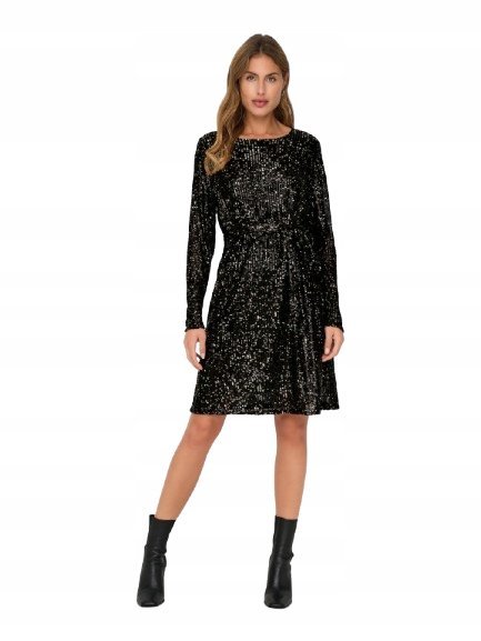ONLY DAMSKA CZARNA SUKIENKA Z CEKINAMI PROSTA DŁUGI RĘKAW M 6BA