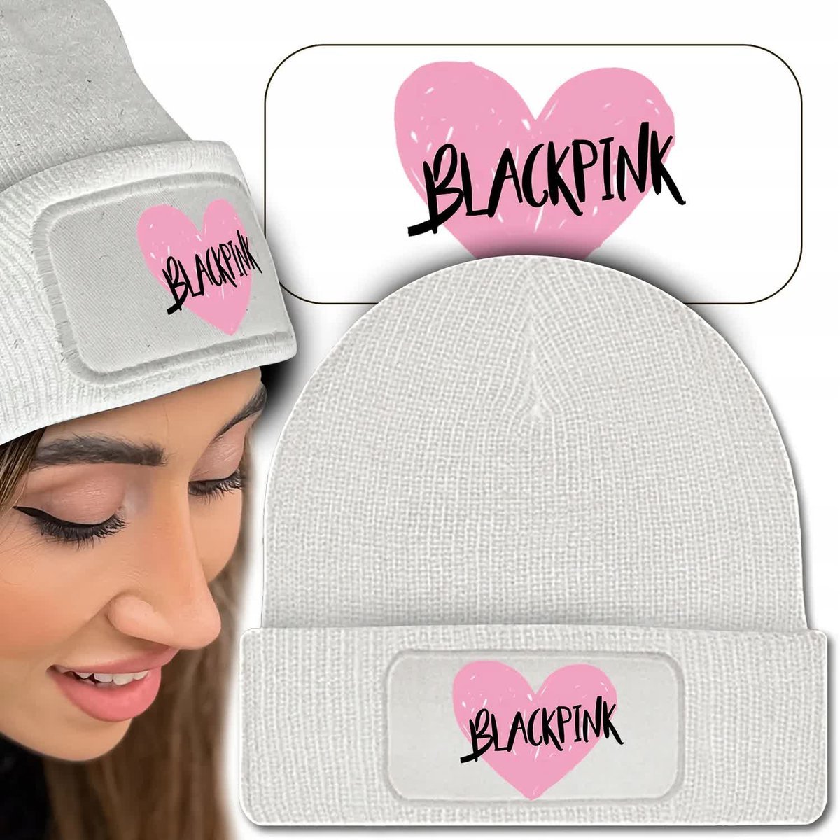 Ciepła Zimowa Czapka Biała BLACKPINK Modne Wzory