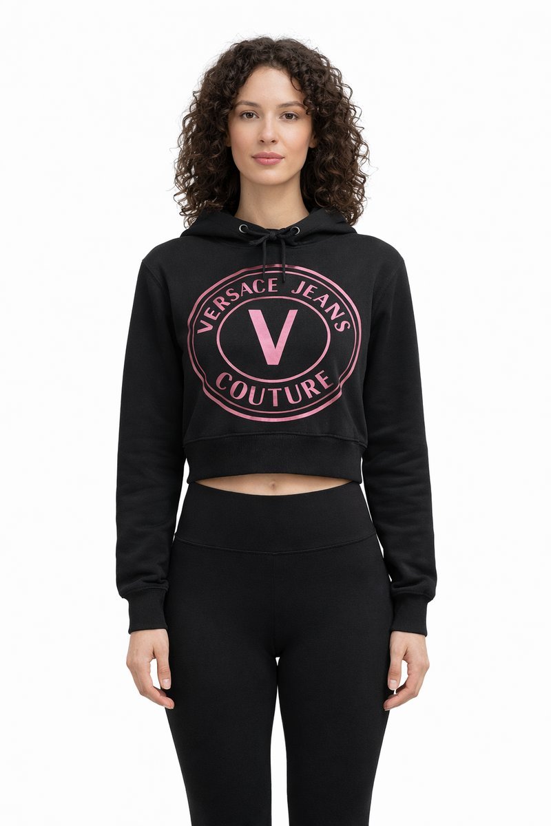 VERSACE JEANS CZARNA BLUZA Z KAPTUREM Z RÓŻOWYM NADRUKIEM M 1I1E