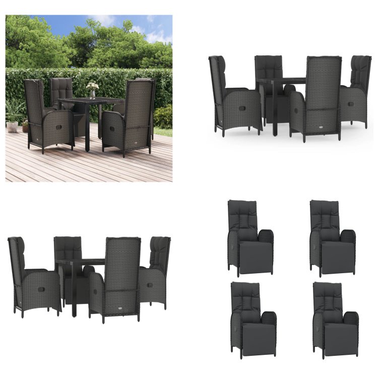 vidaXL 5-częściowy ogrodowy zestaw jadalny z poduszkami z czarnego polirattanu - ogrodowy zestaw jadalny - ogrodowe zestawy jadalne - zestaw jadalny - zestaw jadalny na taras