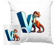 Gadżety dla niej i dla niego - ZESTAW PODUSZKA + KUBEK Dino Dinozaur Litera V Alfabet Pomysł Na Prezent - miniaturka - grafika 1