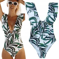 Stroje kąpielowe - JEDNOCZĘŚCIOWY STRÓJ KĄPIELOWY ODKRYTE PLECY SEXY DEKOLT FALBANKA BOHO L - miniaturka - grafika 1