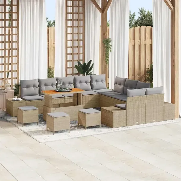 Zestaw Sofa Ogrodowa 14 Elementów z Poduszkami Beżowo-Jasnoszara