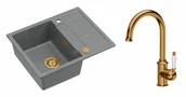 Zlewozmywaki z baterią - Quadron Unique Zlewozmywak granitowy jednokomorowy 62*50*22 cm z ociekaczem MORGAN 116 SILVER STONE z syfonem Push-2-Open w kolorze miedzianym z baterią RACHEL kolor miedziany - miniaturka - grafika 1
