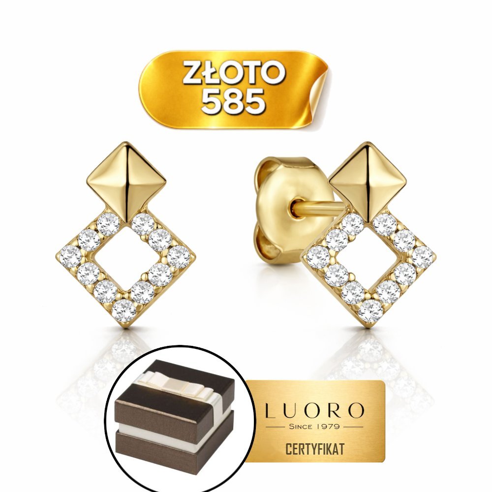 KOLCZYKI ZŁOTE 585 14K ROMBY Z CYRKONIAMI SZTYFT ŻÓŁTE ZŁOTO 0,9 CM