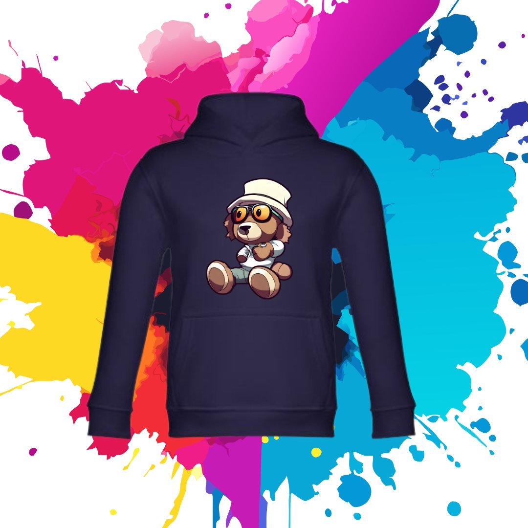 Bluza dziecięca typu kangurka z kapturem w kolorze granatowym z nadrukiem miś Tadzio 4 lata
