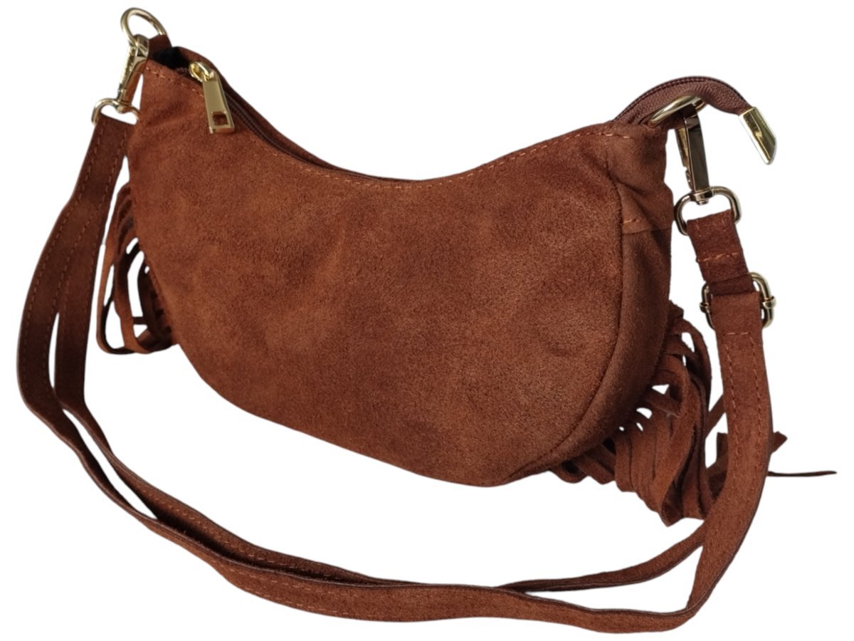 Listonoszka na Ramię, Zamszowa Skórzana Mała Brązowa Torebka Damska