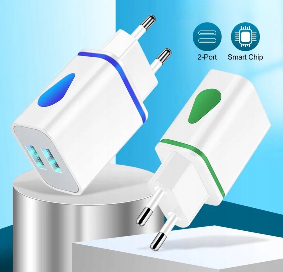 ŁADOWARKA SIECIOWA 2x 10W 2.1A 2x USB typ A kolor niebieski lub zielony