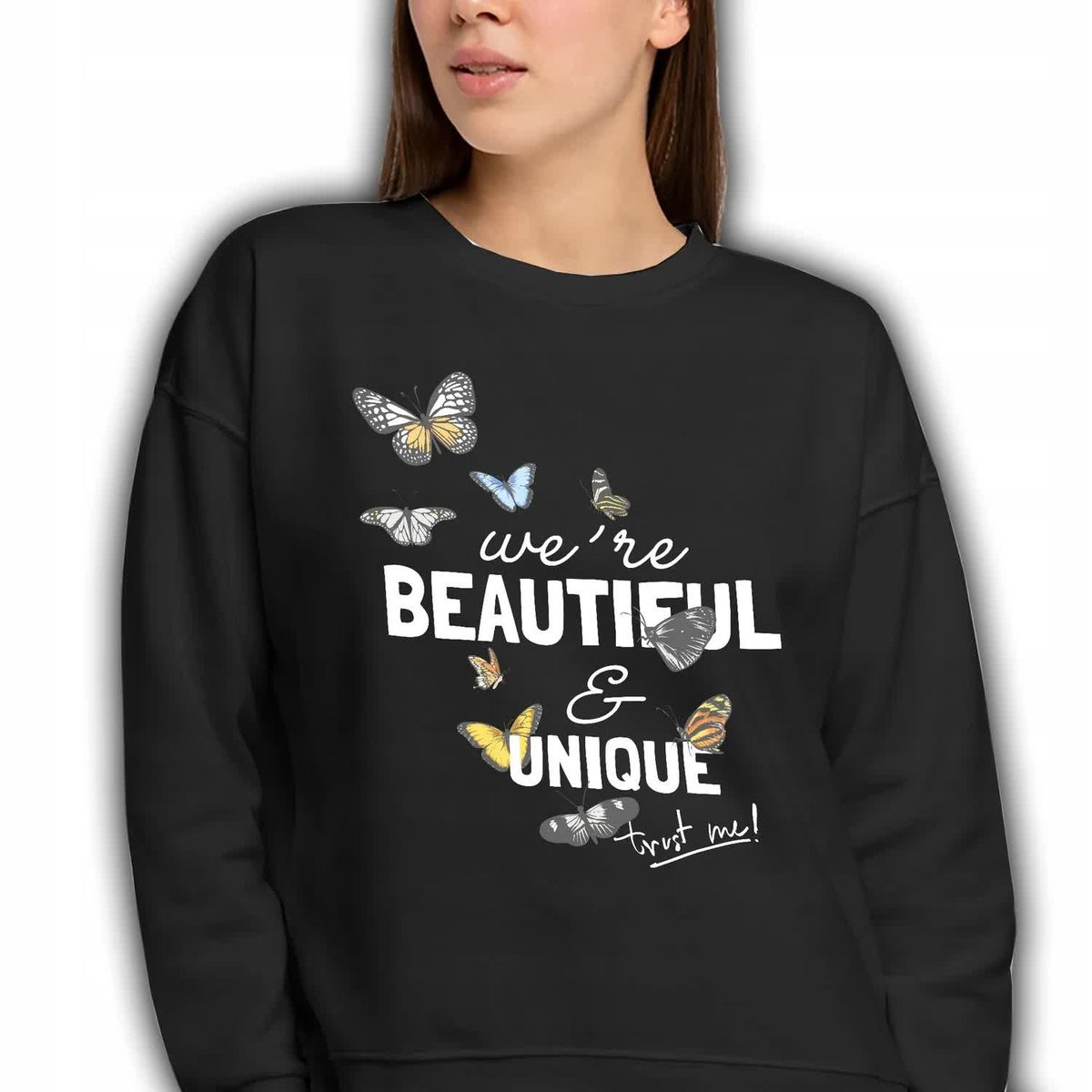 BLUZA CZARNA Dresowa Damska Na Prezent WE'RE BEAUTIFUL UNIQUE Zabawne Wz S