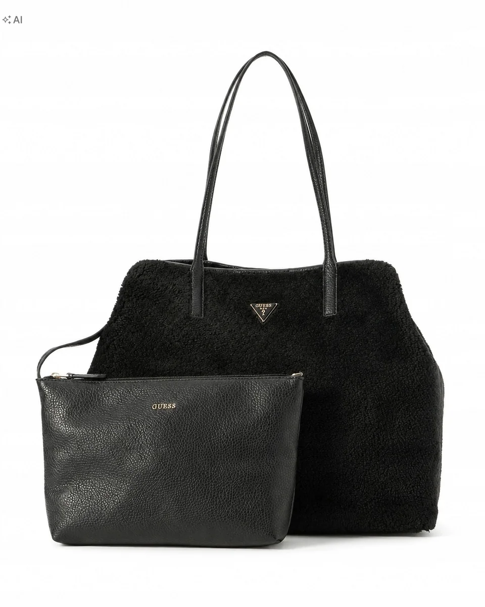 GUESS Victtoria Large Tote 2w1 Torebka Shopper Czarna Futrzana + Saszetka