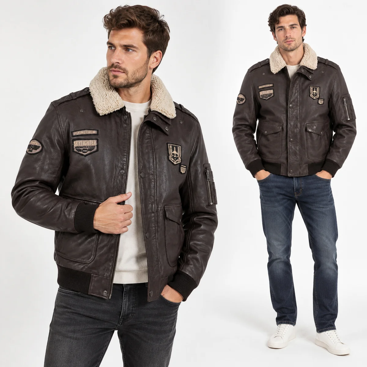 Kurtka Męska Skóra Jagnięca Pilotka MAURITIUS Vintage 1201-0857 Ciemny Brąz XL