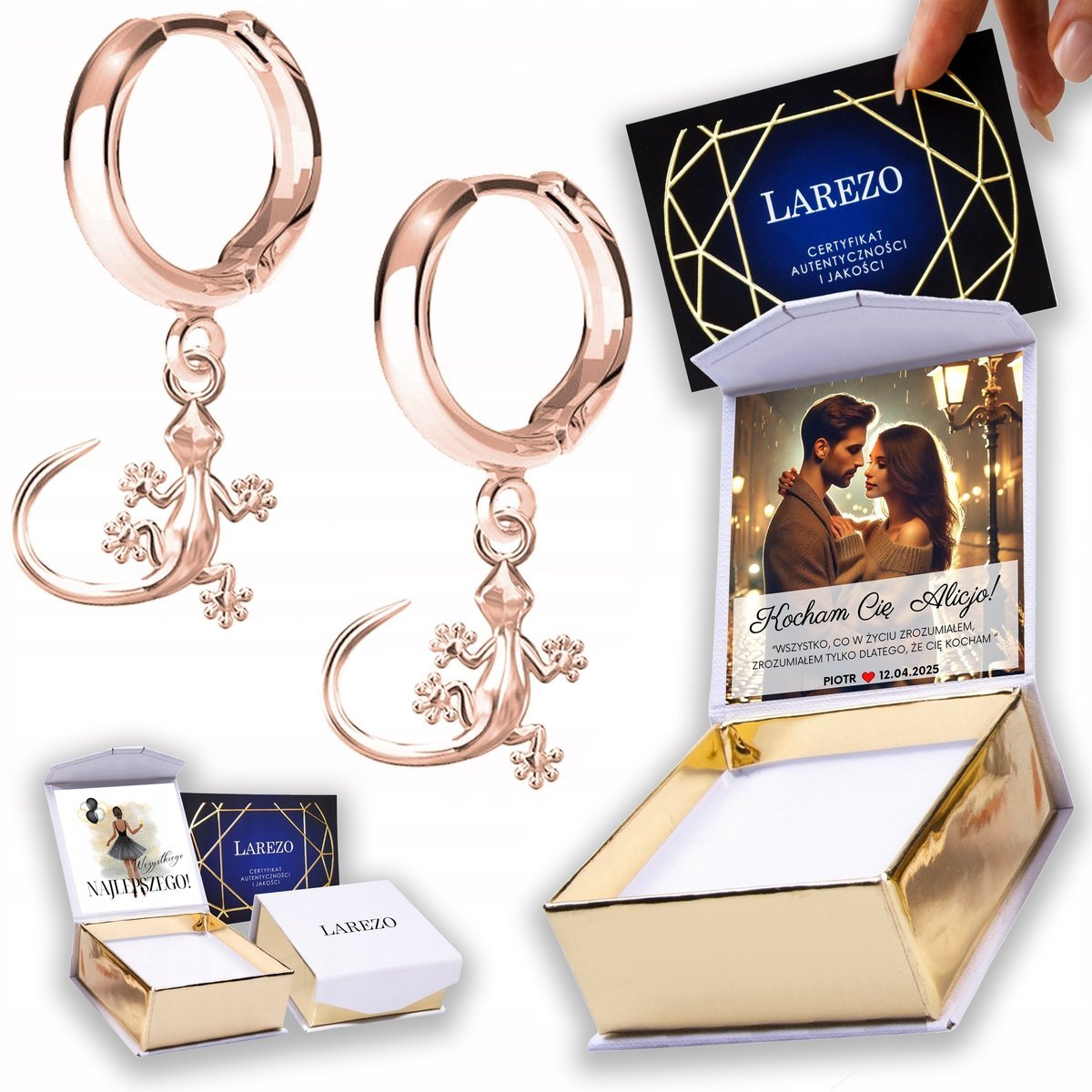 Kolczyki Pozłacane 925 z Jaszczurkami Zwierzęta Gady Jaszczurki NADRUK