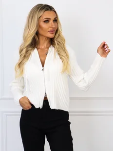 DZIANINOWA  BLUZA W PRĄŻEK Z KAPUREM NA SUWAK- BIAŁA - Olika - Bluzy damskie - miniaturka - grafika 1