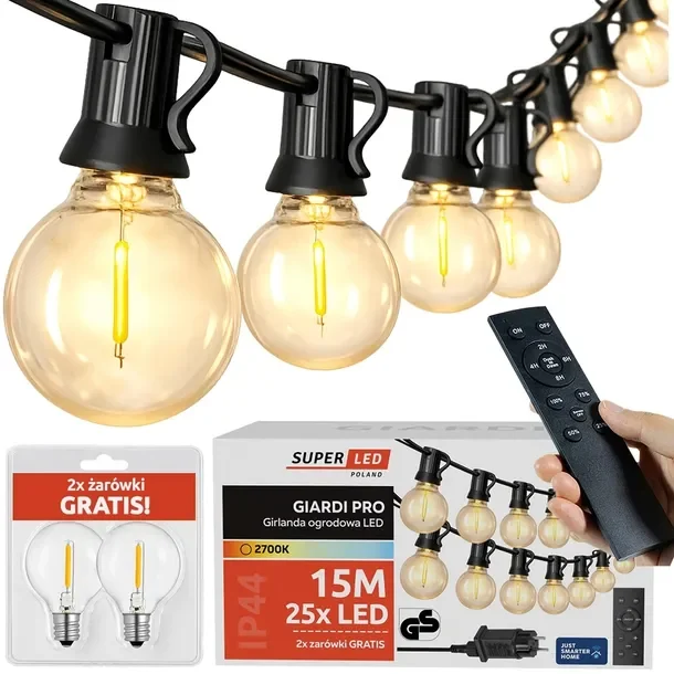 Girlanda ogrodowa LED Zewnętrzna Łańcuch 15m + 25x żarówka G40 + 2x gratis