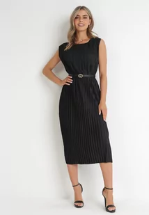 Czarna Plisowana Sukienka Midi z Paskiem z Imitacji Skóry Sharia - Sukienki - miniaturka - grafika 1