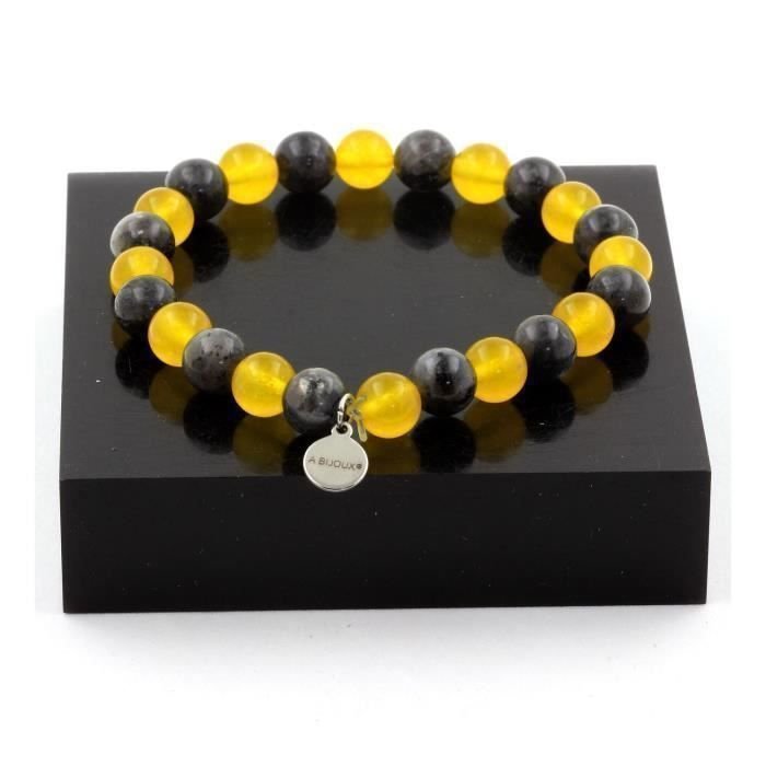 Kamienie i minerały. Bransoletka z koralików labradorytowych + żółty agat 8 mm. Wyprodukowano we Francji.