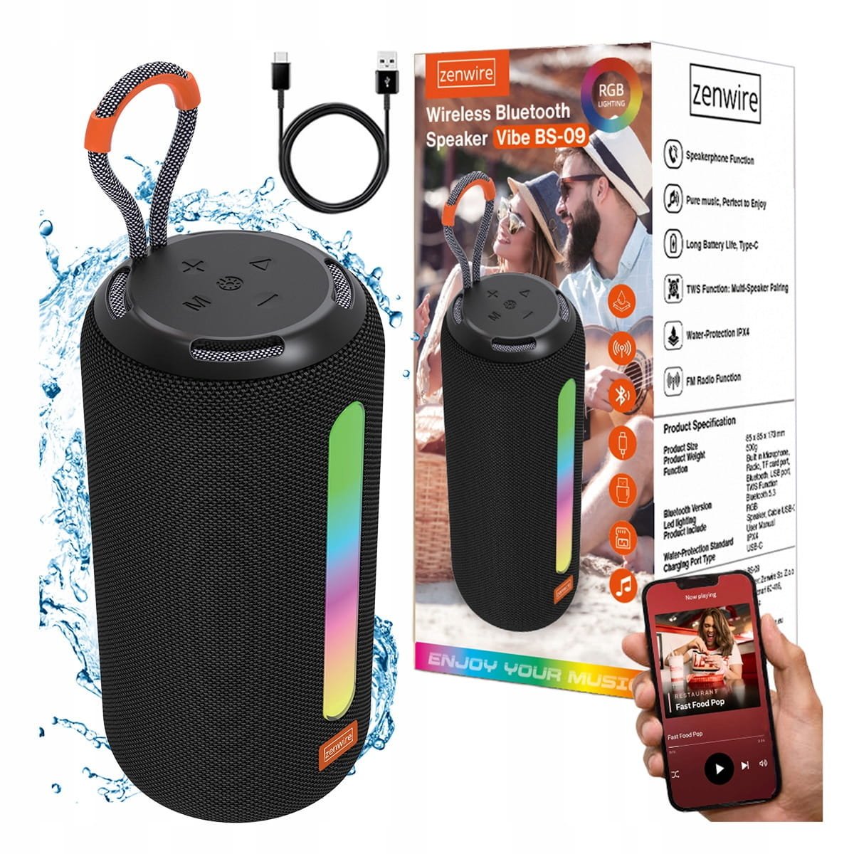Głośnik Bluetooth, Przenośny bezprzewodowy głośnik BS-09, wodoodporny USB C