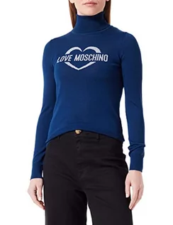 Swetry damskie - Love Moschino Damski sweter Slim Fit Turtleneck with Heart Jacquard Intarsia Pulower Sweater, niebieski, 44 - grafika 1