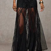 Spódnice - TEMU GP Y2K Przezroczysta Koronkowa Długa Półspódnica - Niski Stan, Jednokolorowa Elegancka Maksispódnica na Wiosnę, , Jesień, Sukienka na Wesele, - miniaturka - grafika 1