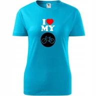 Koszulki i topy damskie - Damska Koszulka z Nadrukiem Rowerowa I love my bike Prezent dla Rowerzystki turkusowy M - miniaturka - grafika 1