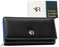 Portfele - Czarny duży klasyczny poziomy portfel damski ze skóry naturalnej ROVICKY kolorowy środek rozbudowany na karty dokumenty i gotówkę pudełko prezentowe.. - miniaturka - grafika 1