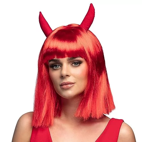 Boland 85607 - Peruka diabeł z rogami, czerwone sztuczne włosy, akcesoria  do kostiumu karnawałowego, kostium diabła, karnawał, Halloween - Ceny i  opinie na Skapiec.pl