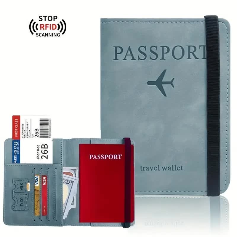 Etui Pokrowiec na Paszport Dokumenty Skórzane z Blokadą RFID Błękitny