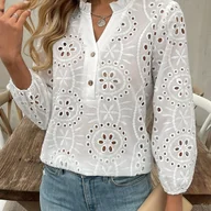 Koszule damskie - TEMU Elegancka Damska Bluzka z Dekoltem w Serek, Falbankami, Haftem i Prześwitami, z Długim Rękawem, na Co Dzień - miniaturka - grafika 1