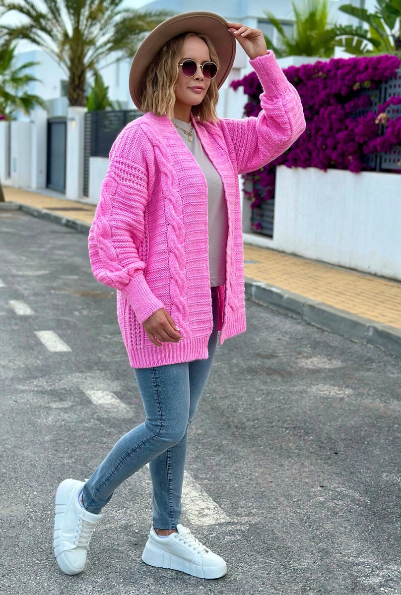 Kardigan z warkoczowym splotem - różowy One size Sploty