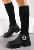 Kozaki damskie - Czarne Kozaki ze Skarpetkową Cholewką i Kryształową Klamrą Daniel - Renee - miniaturka - grafika 1