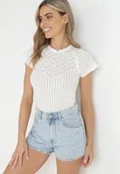 Bluzki damskie - Biała Bluzka z Ażurowej Dzianiny z Krótkimi Rękawami Tolina - miniaturka - grafika 1