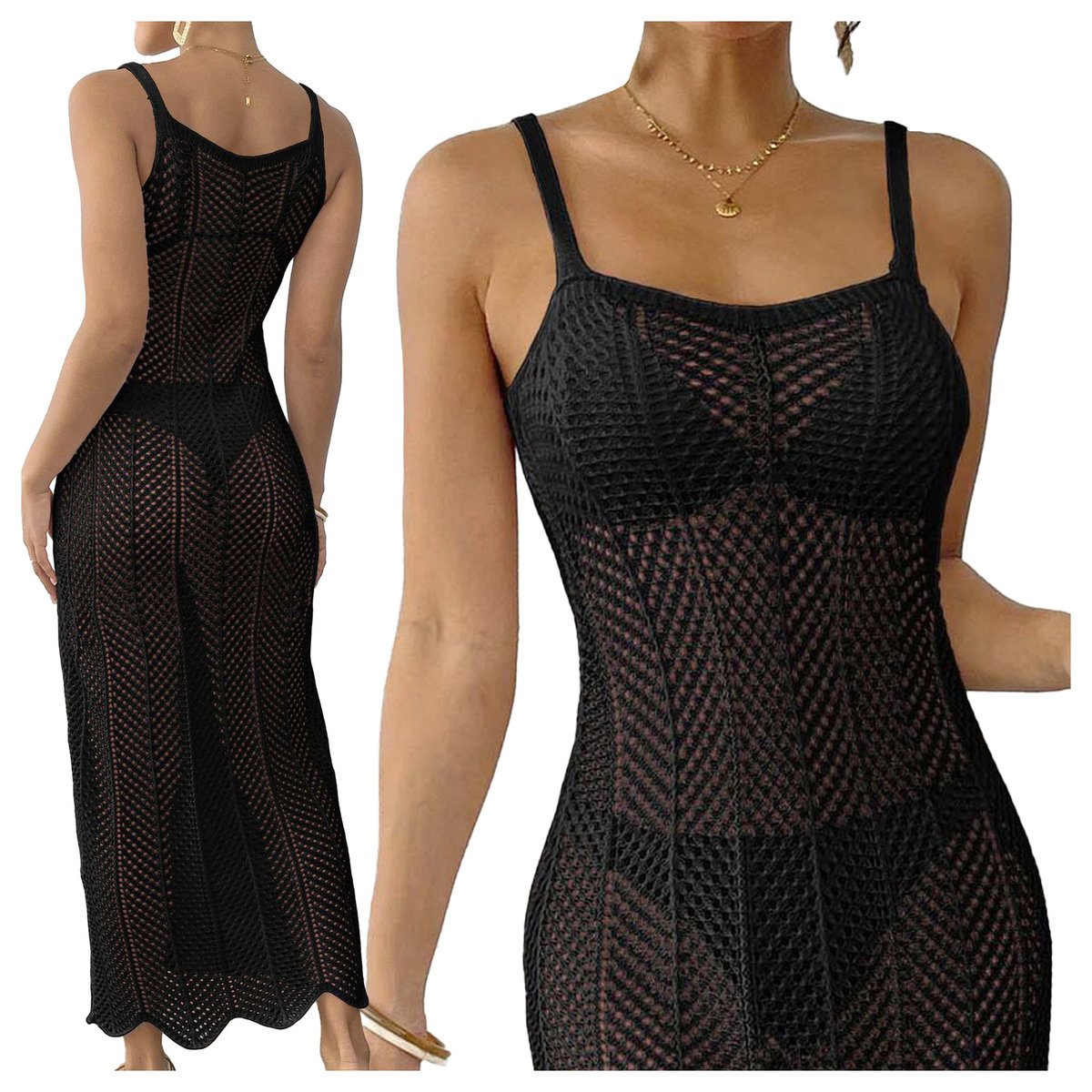 Długa ażurowa sukienka plażowa boho - L