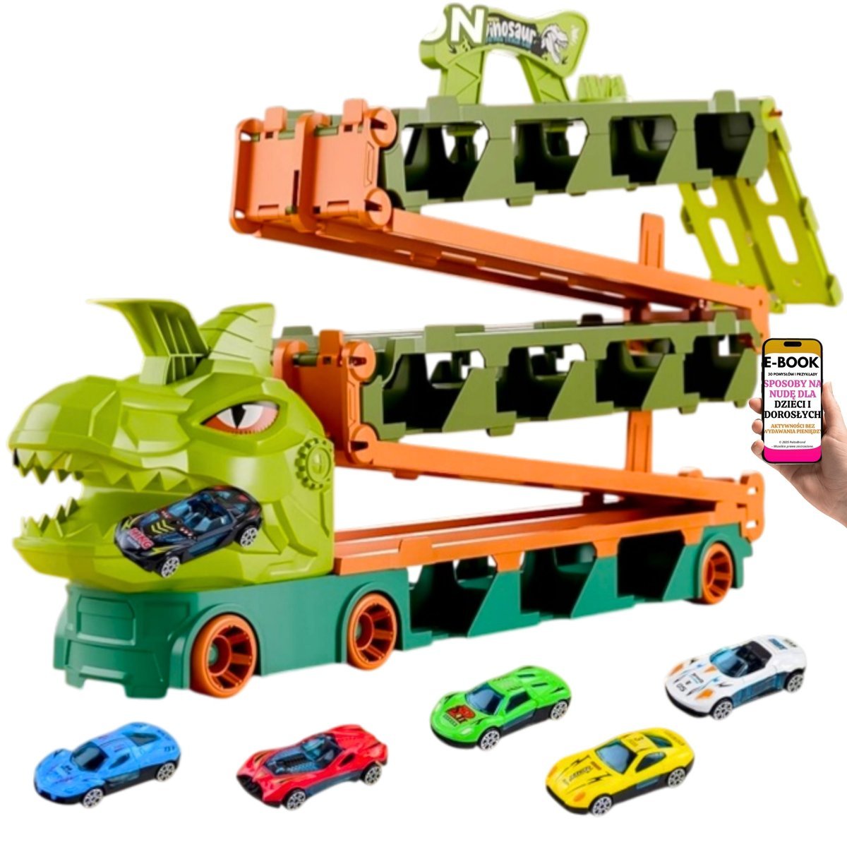 DINOZAUR TRUCK Z TOREM PREZENT DLA CHŁOPCA 3+ ZESTAW WYŚCIGOWY 24 ELEMENTY + EBOOK-3
