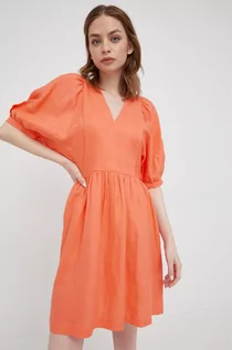 Sukienki - Benetton United Colors of United Colors of sukienka lniana kolor pomarańczowy mini rozkloszowana - grafika 1