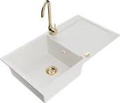 Zlewozmywaki z baterią - Mexen Leo zlewozmywak granitowy 1-komorowy z ociekaczem i baterią kuchenną Telma, biały - 6501-20-670200-50 - miniaturka - grafika 1