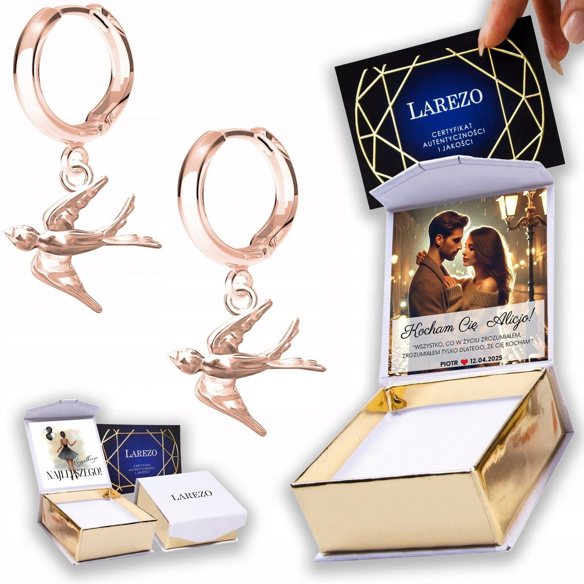 Kolczyki Pozłacane 925 Ptaki Jaskółki Kolibry Bird Ptak Jaskółka NADRUK