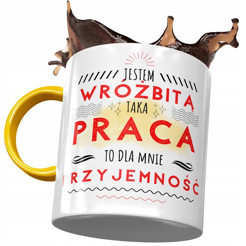 Kubek Żółty Dla Wróżbity Praca to Przyjemność z Nadrukiem ze Zdjęciem + Opakowanie na prezent (wzór 01)