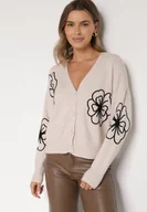Swetry damskie - Beżowy Kardigan na Guziki w Haftowane Kwiaty Tustara - miniaturka - grafika 1