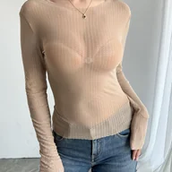 Bluzki damskie - TEMU Damska seksowna, przezroczysta, długa koszulka z siatką, z okrągłym dekoltem, ozdobiona kryształkami, elastyczna, z dzianiny, jednokolorowa, o - miniaturka - grafika 1