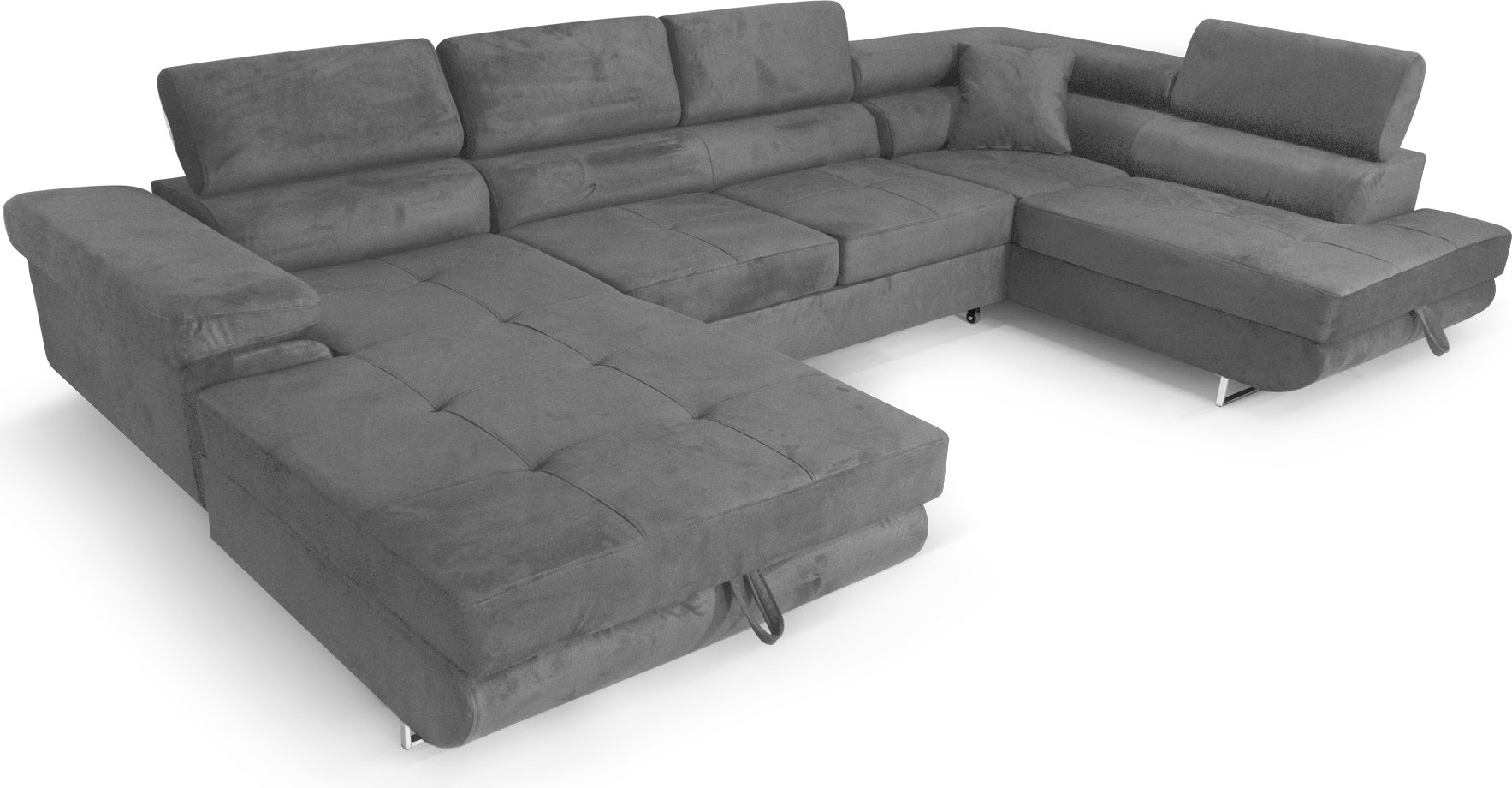 Sofa narożna Aller U XXL z funkcją spania i dwiema szufladami na pościel w kolorze ciemnoszarym, prawa strona