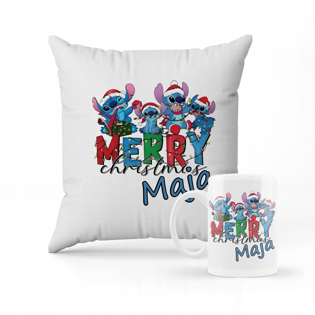 ZESTAW PODUSZKA + KUBEK Merry Christmas Lilo i Stich + IMIĘ