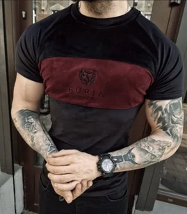Koszulka welurowa męska czarno-bordowa Furia - Koszulki męskie - miniaturka - grafika 1