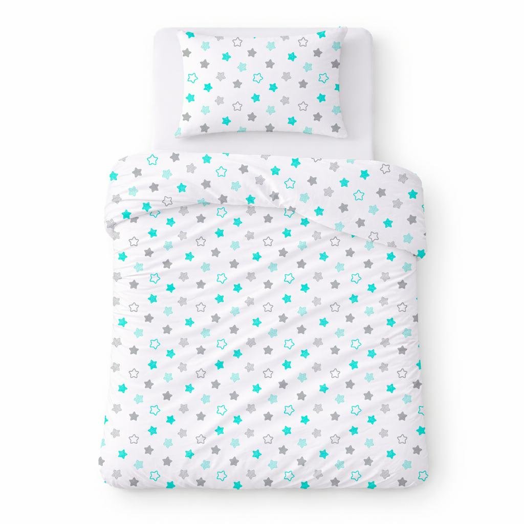 Pościel bawełniana 140x200 biała w szare i miętowe gwiazdki, dziecięcy nowoczesny - COTTON HOME KIDS