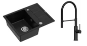 Zlewozmywaki z baterią - Quadron Unique Zlewozmywak granitowy jednokomorowy 62*50*22 cm z ociekaczem MORGAN 116 PURE CARBON z syfonem Push-2-Open w kolorze stalowym z baterią GEMMA Q LINE SLIM z ruchomą wylewką kolor czarny mat/czarny wąż - miniaturka - grafika 1